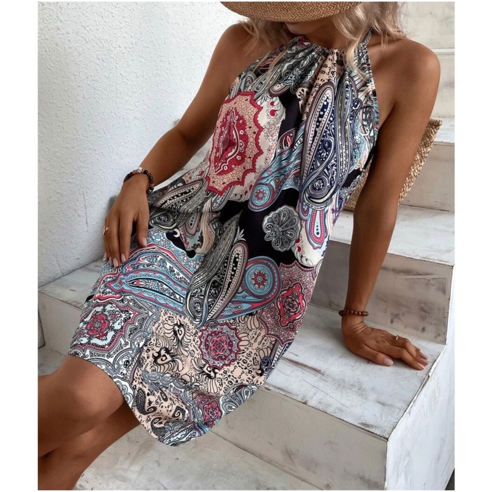 Boho Floral Paisley Halter Mini Dress - Picture 5 of 13
